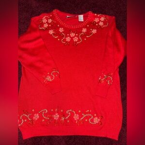 Dana Scott Women’s Vintage Holiday Christmas  Sweater Red Gold Size L Beads